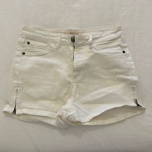 High waisted white jean shorts with side zippers